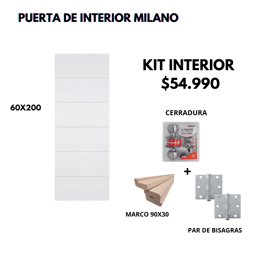 KIT PUERTA MILANO 60X200+MARCO 9+CERRADURA DORM INOX+BISAGRA1