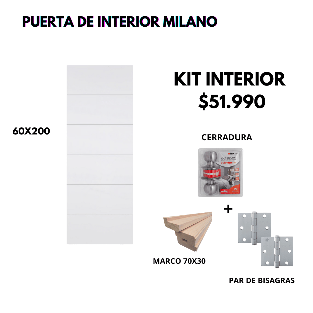 KIT PUERTA MILANO 60X200+MARCO 7+CERRADURA DORM INOX+BISAGRA1