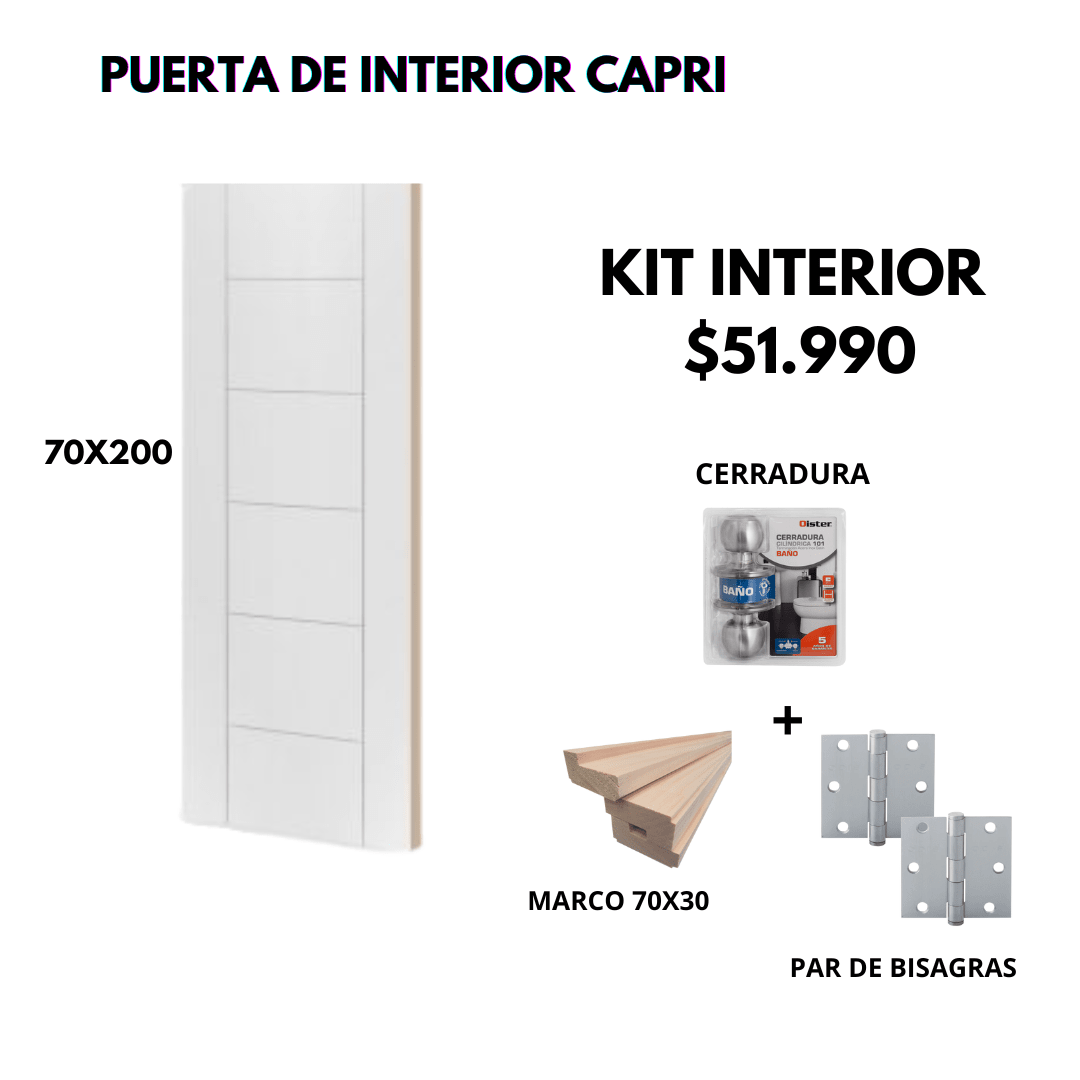 KIT PUERTA CAPRI 70X200+MARCO 7+BAÑO INOX+BISAGRA1