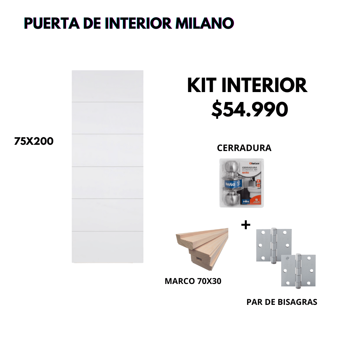 KIT PUERTA MILANO 75X200+MARCO 7+CERRADURA BAÑO INOX+BISAGRA1