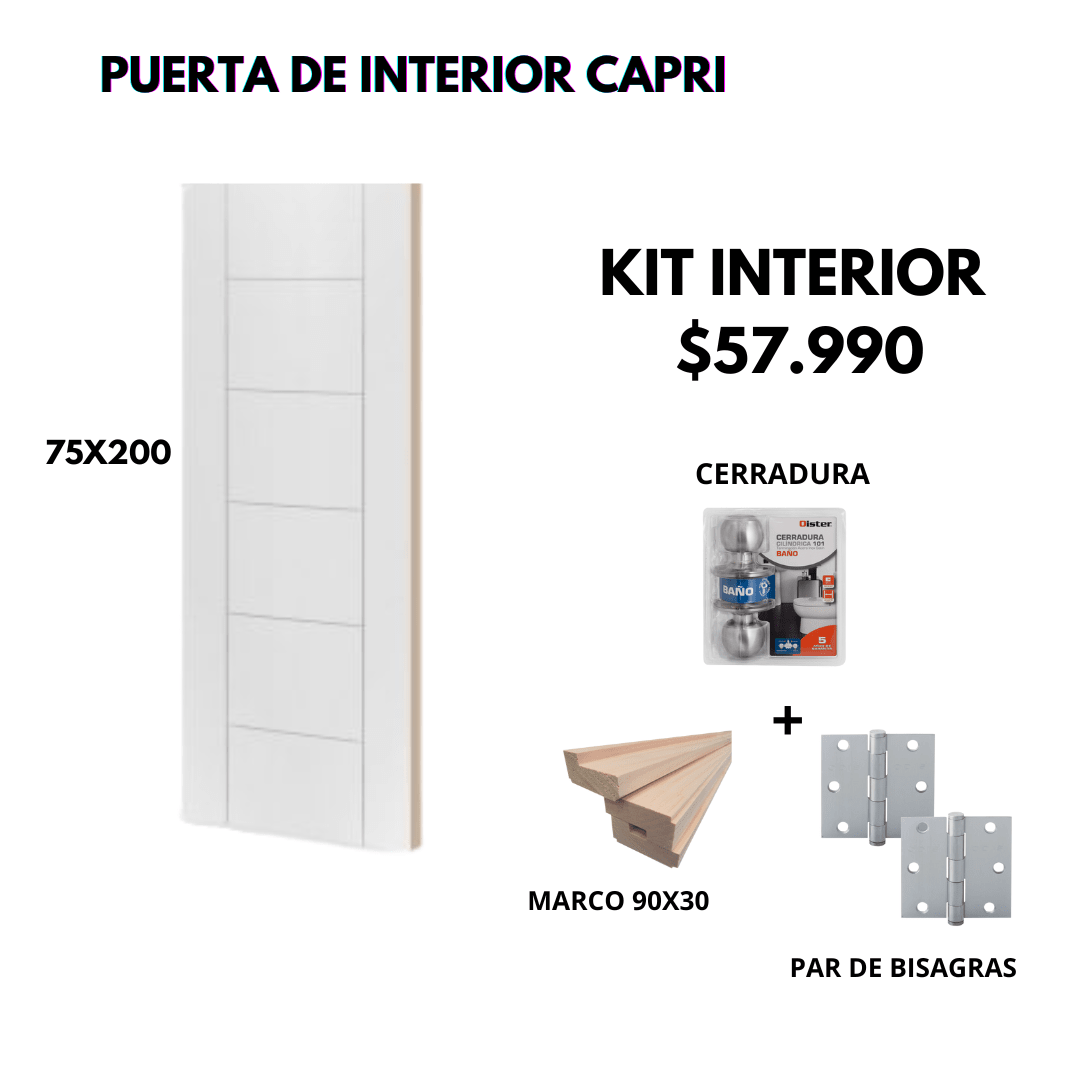 KIT PUERTA CAPRI 75X200+MARCO 9+CERRADURA BAÑO INOX+BISAGRA1