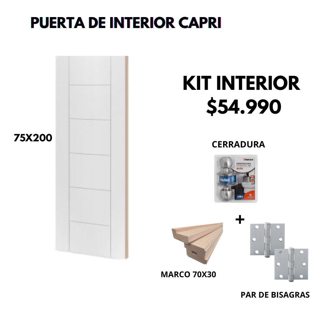 KIT PUERTA CAPRI 75X200+MARCO 7+CERRADURA BAÑO INOX+BISAGRA1
