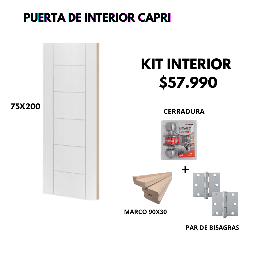 KIT PUERTA CAPRI 75X200+MARCO 9+CERRADURA DORM INOX+BISAGRA1