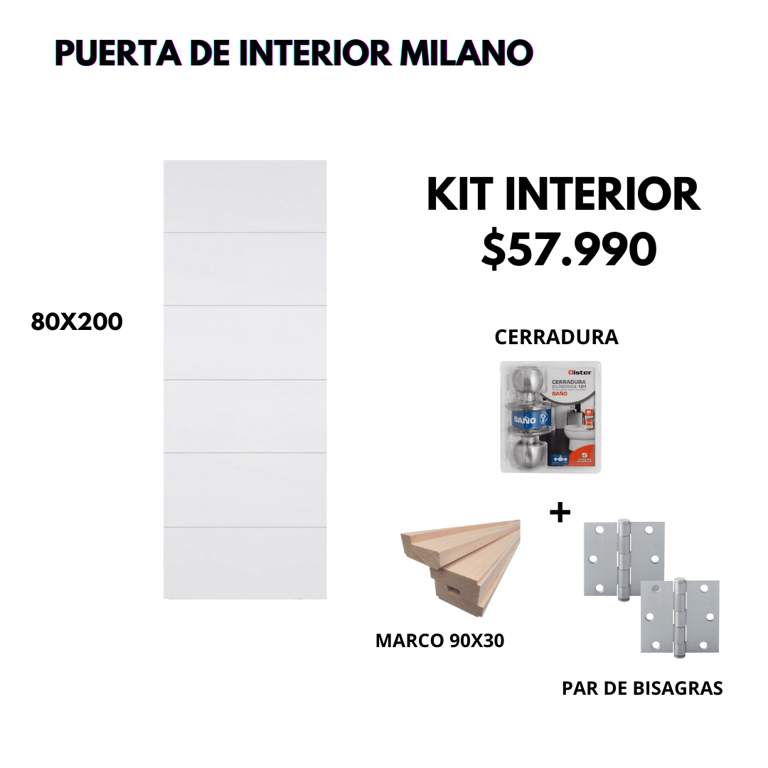 KIT PUERTA MILANO 80X200+MARCO 9+CERRADURA BAÑO INOX+BISAGRA1