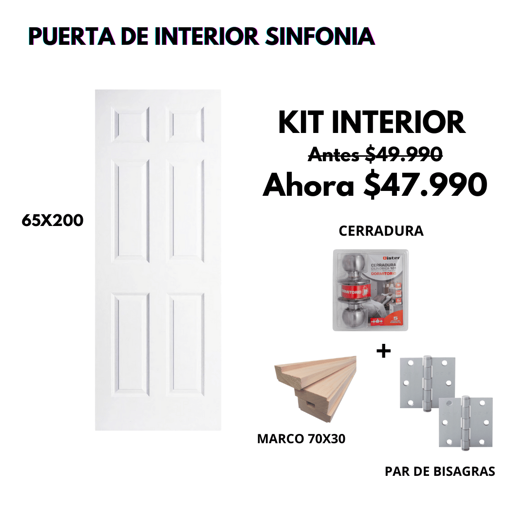 KIT PUERTA SINFONIA 65X200+MARCO 7+CERRADURA DORM INOX+BISAGRA1