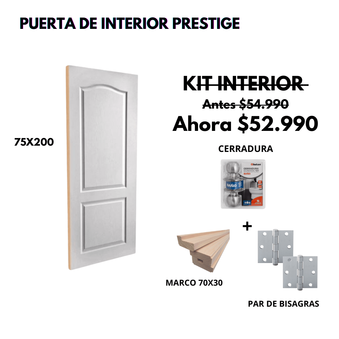 KIT PUERTA PRESTIGE 75X200+MARCO 7+CARRADURA BAÑO INOX+BISAGRA1
