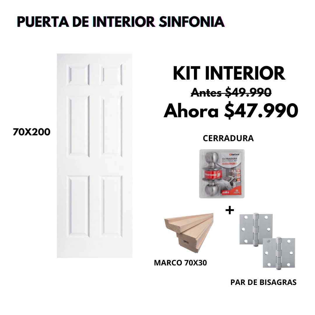 KIT PUERTA SINFONIA 70X200+MARCO 7+CERRADURA DORM INOX+BISAGRA1