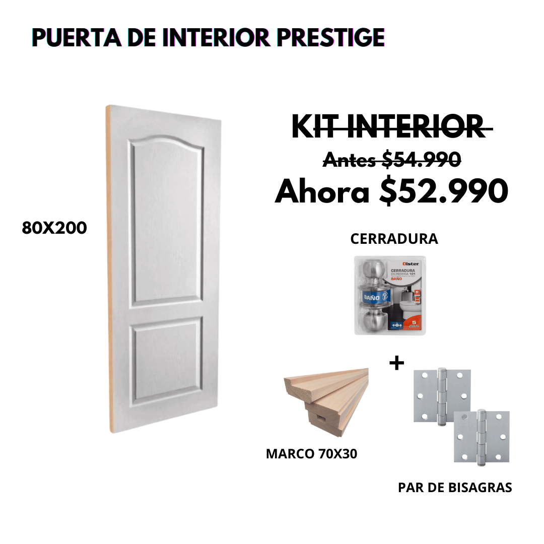 KIT PUERTA PRESTIGE 80X200+MARCO 7+CARRADURA BAÑO INOX+BISAGRA1