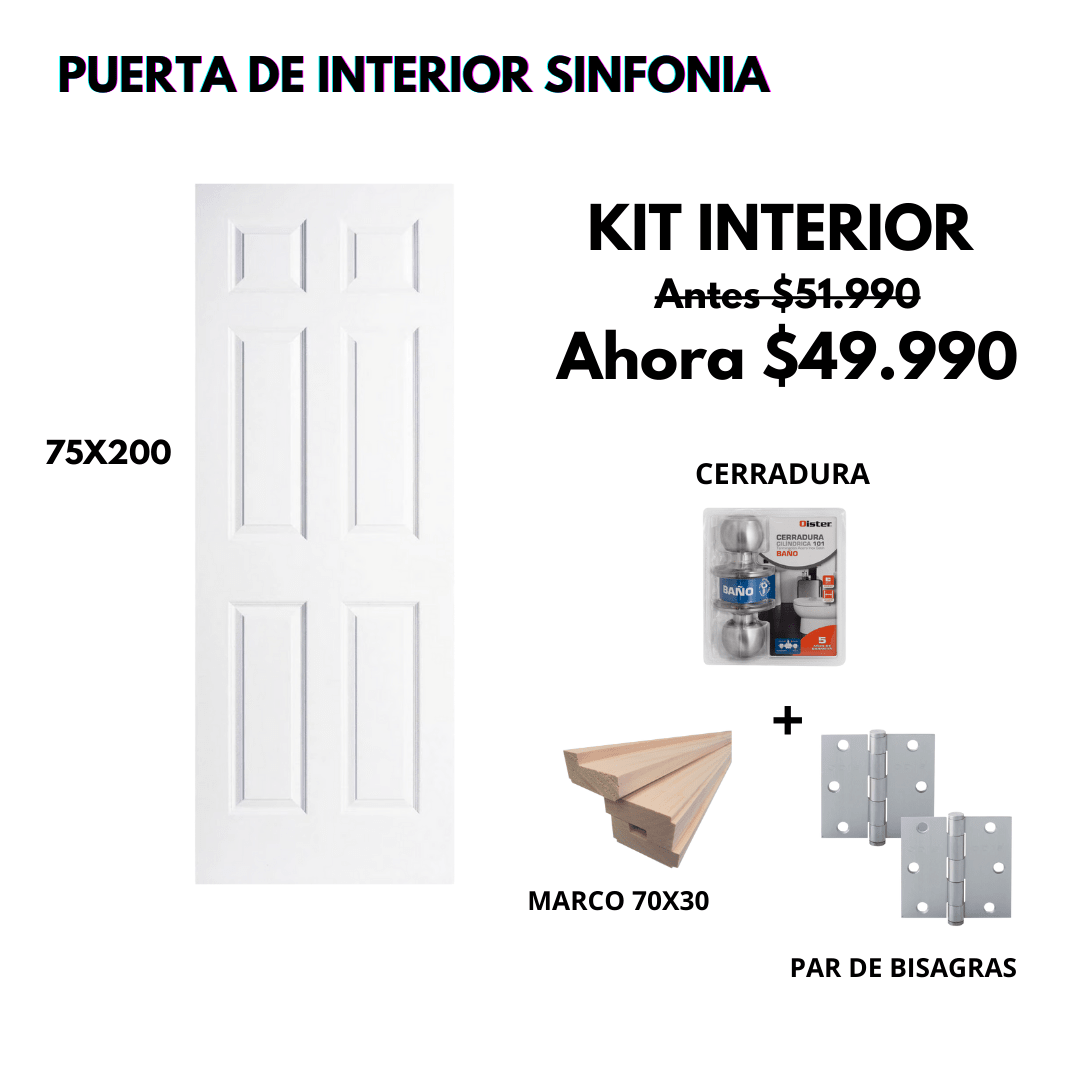 KIT PUERTA SINFONIA 75X200+MARCO 7+CERRADURA BAÑO INOX+BISAGRA1