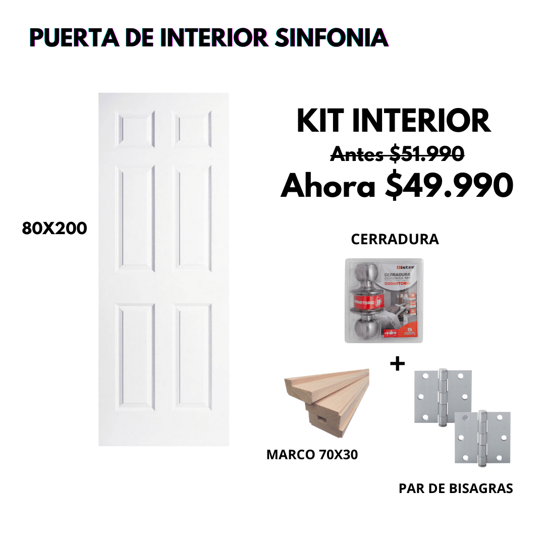 KIT PUERTA SINFONIA 80X200+MARCO 7+CERRADURA DORM INOX+BISAGRA1