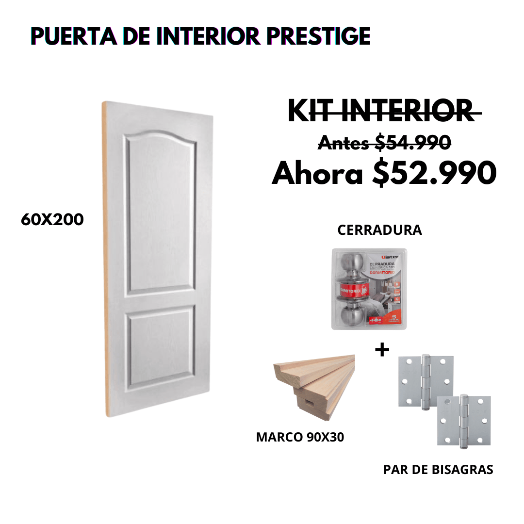 KIT PUERTA PRESTIGE 60X200+MARCO 9+CARRADURA DORM INOX+BISAGRA1