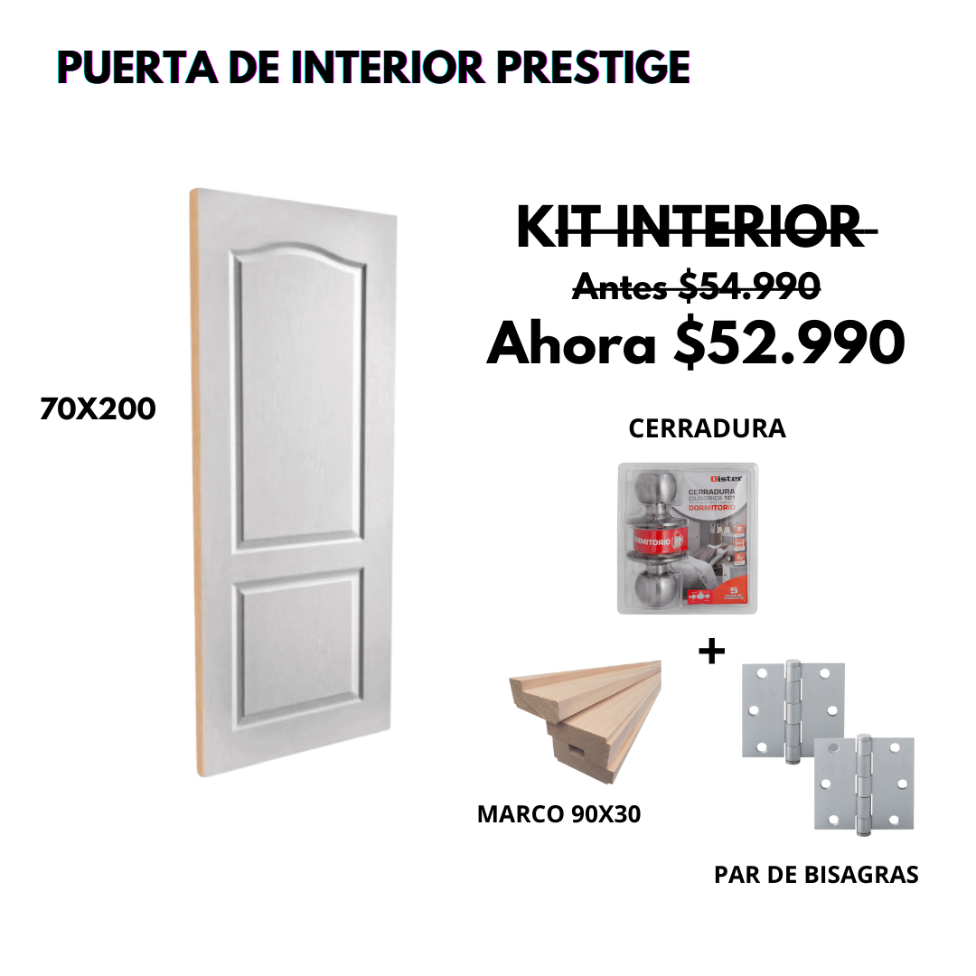 KIT PUERTA PRESTIGE 70X200+MARCO 9+CARRADURA DORM INOX+BISAGRA1