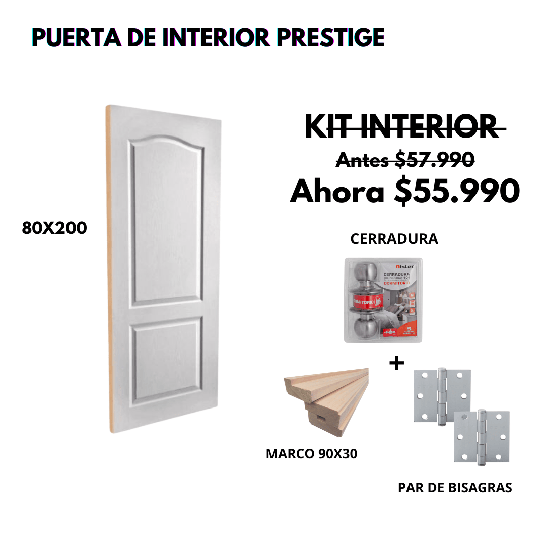 KIT PUERTA PRESTIGE 80X200+MARCO 9+CARRADURA DORM INOX+BISAGRA1