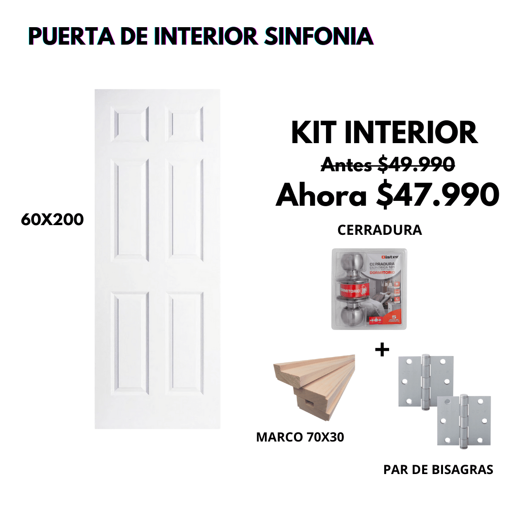 KIT PUERTA SINFONIA 60X200+MARCO 7+CERRADURA DORM INOX+BISAGRA1