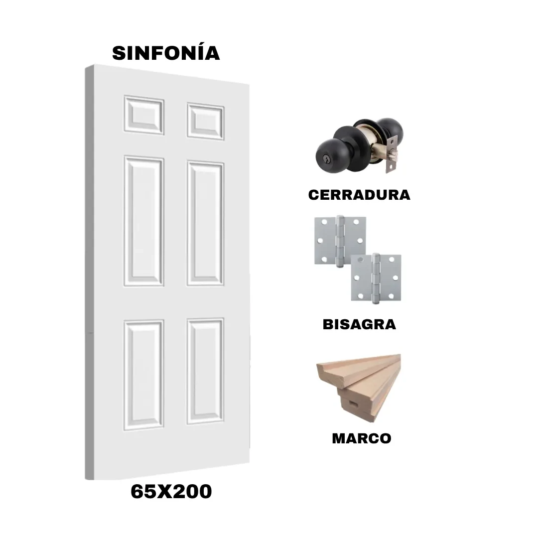 KIT PUERTA SINFONIA 65X200 CM DORMITORIO (MARCO 70X30 MM  - CERRADURA NEGRA - BISAGRA)1