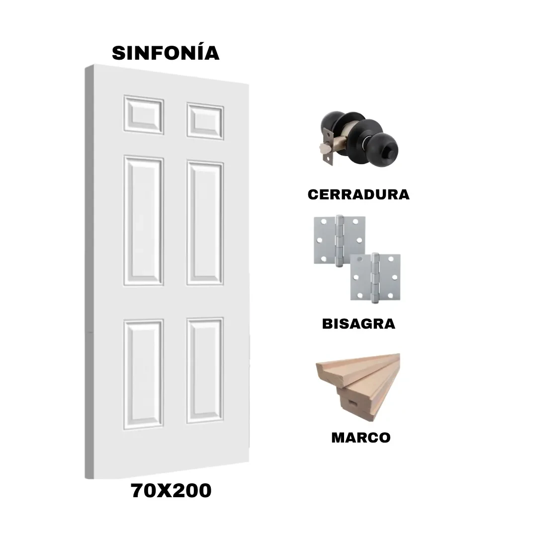 KIT PUERTA SINFONIA 70X200 CM BAÑO (MARCO 90X30 MM  - CERRADURA NEGRA - BISAGRA)1