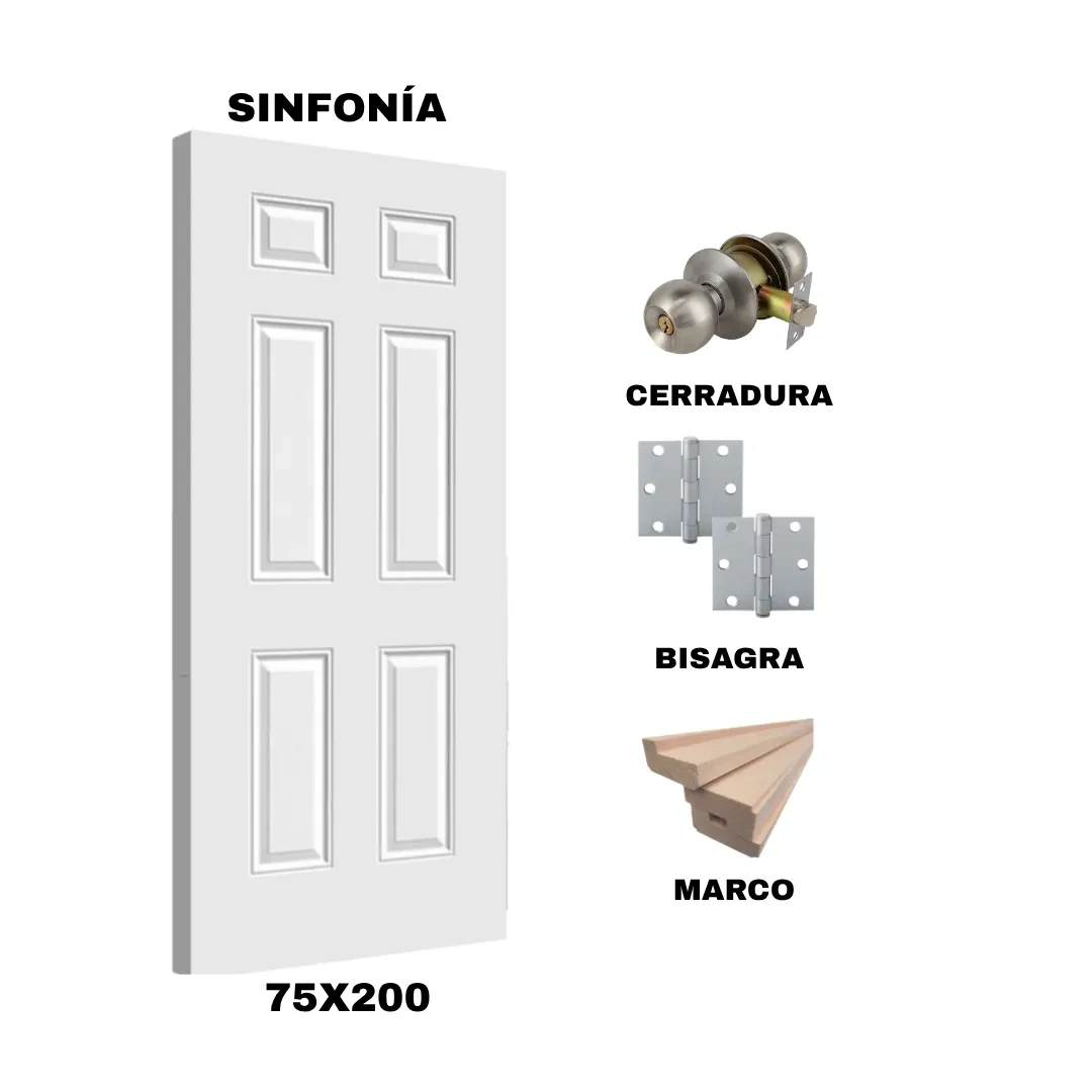 KIT PUERTA SINFONIA 75X200 CM DORMITORIO (MARCO 90X30 MM  - CERRADURA INOX - BISAGRA)1