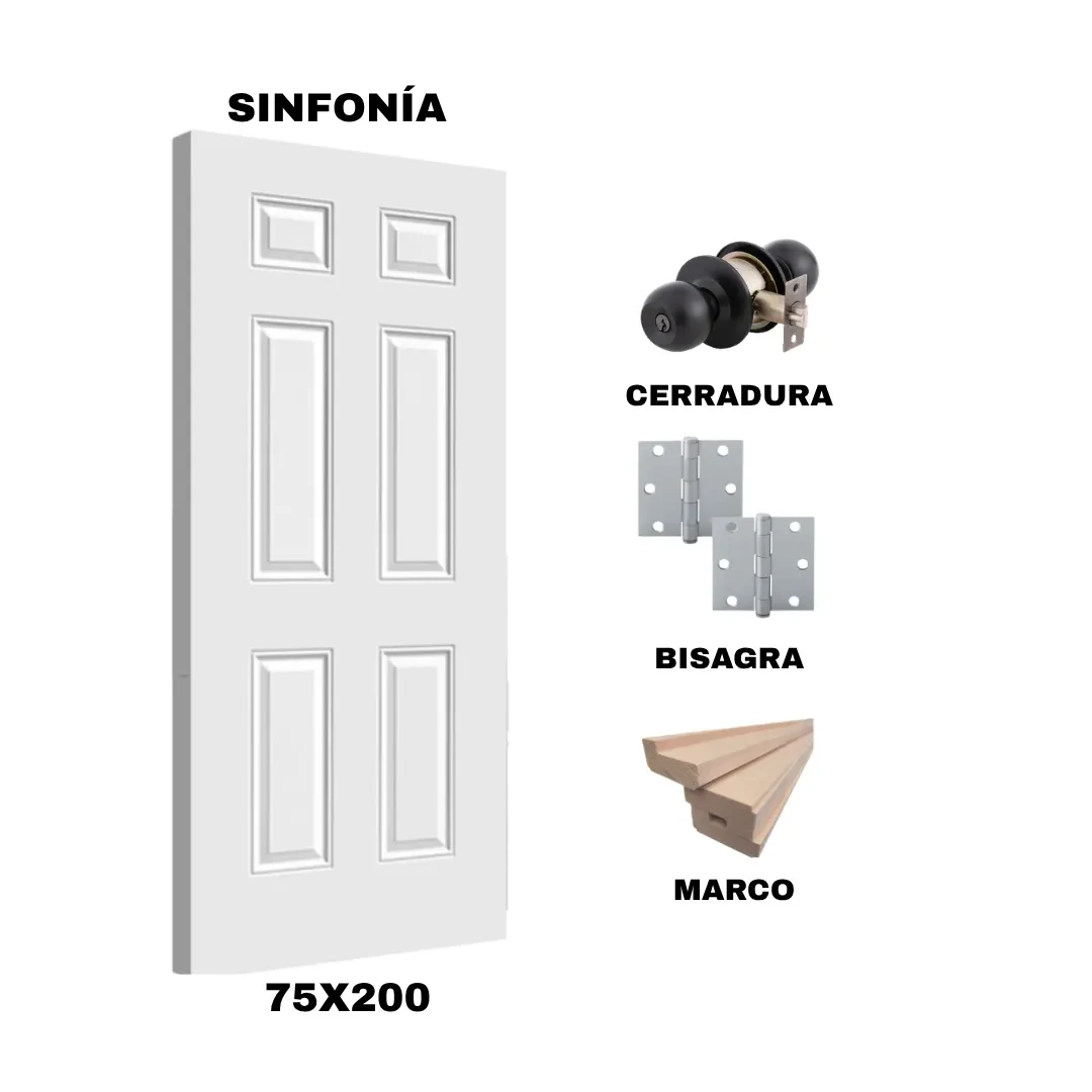 KIT PUERTA SINFONIA 75X200 CM DORMITORIO (MARCO 90X30 MM  - CERRADURA NEGRO - BISAGRA)1