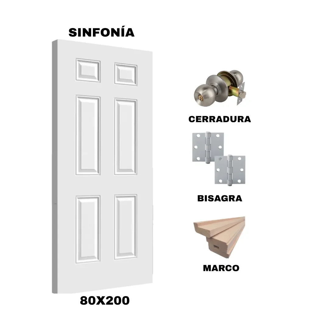 KIT PUERTA SINFONIA 80X200 CM DORMITORIO (MARCO 90X30 MM  - CERRADURA INOX - BISAGRA)1