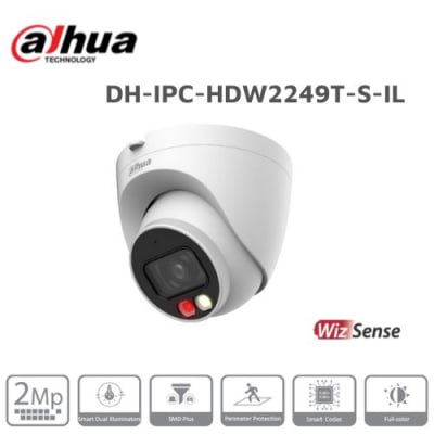 DH-IPC-HDW2249T-S-IL CAMARA DOMO IP POE 2MP 2.8MM 30MT Luz cálida/IR MICROFONO MAX 256GB METAL WizSense