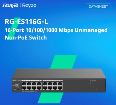 RG-ES116G-L Switch 16-Port 10/100/1000Mbps-GIGABIT,32Gbps,4Mb,APP Nube,no administrable,RUIJIE-REYEE
