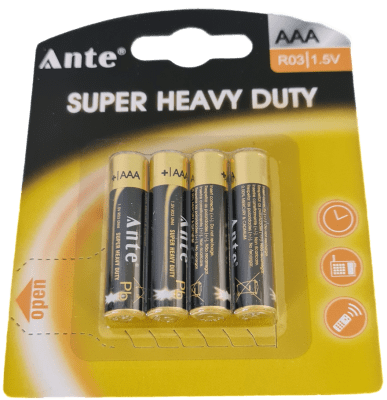 PILA TIPO AAA 1.5V 4/UNIDADES ZINC-CARBONIDAD SUPER HEAVY DUTY ,R03,SIN MERCURIO BATERIA,MARCA:ANTE1
