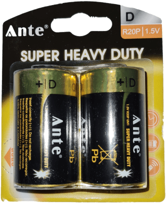 PILA ZINC-CARBONIDAD SUPER HEAVY DUTY TIPO: D 1.5V, 2/UNIDADES,R20P,SIN MERCURIO BATERIA,MARCA:ANTE1