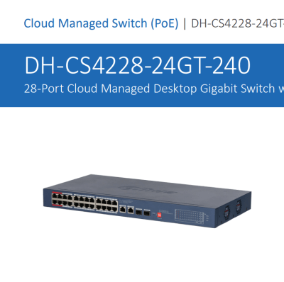 DH-CS4228-24GT-240 SWITCH POE 240W 24CH GE PoE y 2CH GE + 2CH SFP,NUBE,10~1000Mbps,250MT Uplink DAHUA