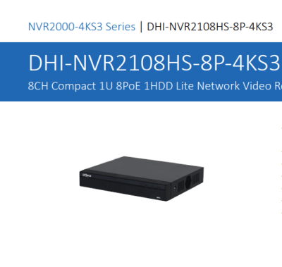 DHI-NVR2108HS-8P-4KS3 NVR 8Ch 8 POE 12MP/4K SMD Plus de hasta 20TB H.265+ MAX 72W DAHUA