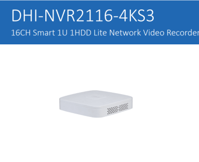 DHI-NVR2116-4KS3 NVR 16CH SIN POE Smart Grabador SMD 1HDD Lite Max20TB 10/100/1000Mbps1