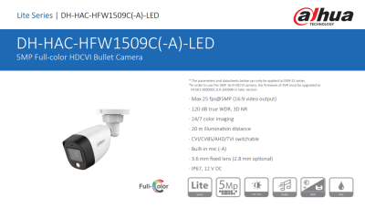DH-HAC-HFW1509CN-LED CAMARA BALA 5MP 2.8MM  FULL COLOR 20MT IP67 12V PLASTIC ANALOGA