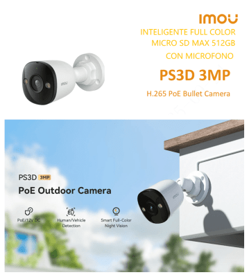 IPC-PS3DN-3M0 CAMARA BALA IP POE 3MP 2.8MM ONVIF MICROFONO FULLCOLOR AI MAX 512GB PLASTICA IMOU