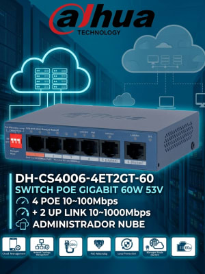 DH-CS4006-4ET2GT-60 SWITCH POE 60W 53V 6-Port NUBE Con 4 PoE 10~100Mbps + 2 Port Gigabit 1000Mbps Uplink DAHUA1