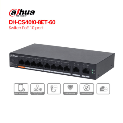 DH-CS4010-8ET-60 SWITCH POE 60W 53V 10-Port 10~1000Mbps NUBE Con 8-Port PoE + 2-Port GB Uplink DAHUA