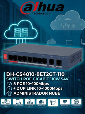 DH-CS4010-8ET2GT-110 SWITCH POE 110W 54V 10-Port NUBE Con 8 PoE 10~100Mbps + 2 Port Gigabit 1000Mbps Uplink DAHUA