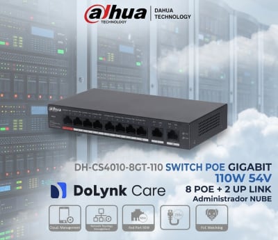 DH-CS4010-8GT-110 SWITCH POE GIGABIT 110W 54V 8 POE+ 2 UP LINK ALL 10~1000Mbps NUBE ADMIN  DAHUA