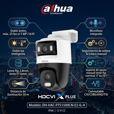 DH-HAC-PTS1500CN-E2-IL-A CAMARA PT 5MP+5MP 2.8MM/6MM DUAL COLOR MICROFONO LinkageTracking 12V ANALOGA DAHUA1