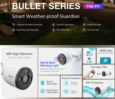 DH-IPC-F5DP-PV CAMARA BALA WIFI6 5MP 2.8MM COLOR AUDIO BIDIRECCIONAL ALARMA MAX256GB 2.4G IP67 DAHUA