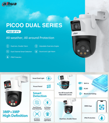 DH-IPC-P3DP-3F-PV CAMARA IP WIFI6 PT 3MP WIFI 2.8 Y 6MM DOBLES LENTE COLOR ALARMA 2.4G MAXIMA MICRO SD 256GB 12V