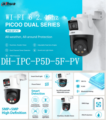 DH-IPC-P5D-5F-PV CAMARA IP WIFI6 PT 5MP 2.8 Y 6MM DOBLES LENTE COLOR ALARMA AUDIO BIDIRECCIONAL WIFI 2.4GHZ MAXIMA MICRO SD 256GB 12V