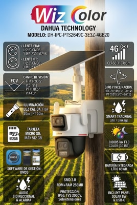 DH-IPC-PTS2649C-3E3Z-4GB20 CAMARA IP PT 4G PANEL SOLAR 3MP + 3MP WizColor ALARMA AUDIO BIDIRECCIONAL SMD AUTO TRACKING IP66