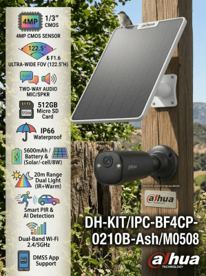 DH-KIT/IPC-BF4CP-0210B-Ash/M0508 KIT CAMARA BALA SOLAR 4MP 2.1MM PANEL 8W BATERIA 5600MAH ALARMA AUDIO BIDIRECCIONAL WIFI 2.4Ghz 5Ghz MICRO SD Maxima 512GB COLOR NEGRA DAHUA