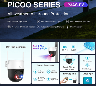 DH-IPC-P3ASP-PV CAMARA IP WIFI PT 3MP 4MM ALARMA COLOR LUZ POLIC AUDIO BIDIRECCIONAL 2.4/5G MICRO SD MAX 256GB 12V DAHUA