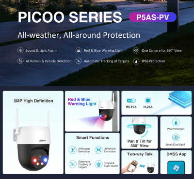 DH-IPC-P5ASP-PV CAMARA IP WIFI PT 5MP 4MM ALARMA COLOR LUZ POLIC AUDIOBIDIRECCIONAL 2.4/5G 256GB 12V