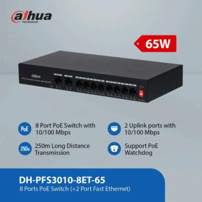 DH-PFS3010-8ET-65 SWITCH POE 10CH Fast Ethernet 65W with 10/100Mbps 8 Port PoE + 2 Port Uplink DAHUA
