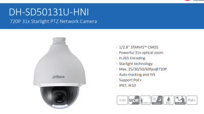 DH-SD50131U-HNI CAMARA PTZ POE 1MP IP ZOOM 31X 1610MT AUTO TRACKING Starlight IP67 IK10 24V METAL