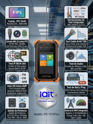 IPC-1910 PLUS TESTER CCTV MONITOR 8K H.265 CVI/TVI/AHD/IP,Salida DC12V 3A,48V PoE 30W,ONVIF