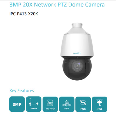 IPC-P413-X20K Camara PTZ IP POE 3MP 20X IR100mt ONVIF MicroSD 256GB Auto Tracking IP66 METAL SIN SOPORTE UNIARCH1
