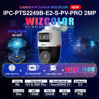 IPC-PTS2249B-E2-S-PV-PRO CAMARA PT POE IP 2+2MP 3.6MM WIZCOLOR 30MT WIZSENSE AUDIO 256GB(Sin Fuente)1