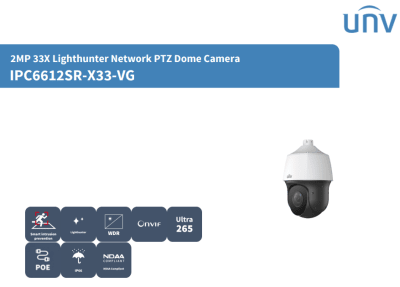 IPC6612SR-X33-VG CAMARA PTZ IP POE 2MP 33X Lighthunter IR150MT SMART INTRUSION LINEA CRUZ,SIN SOPORTE 120DB WDR MAX 512GB IP66 UÑV1
